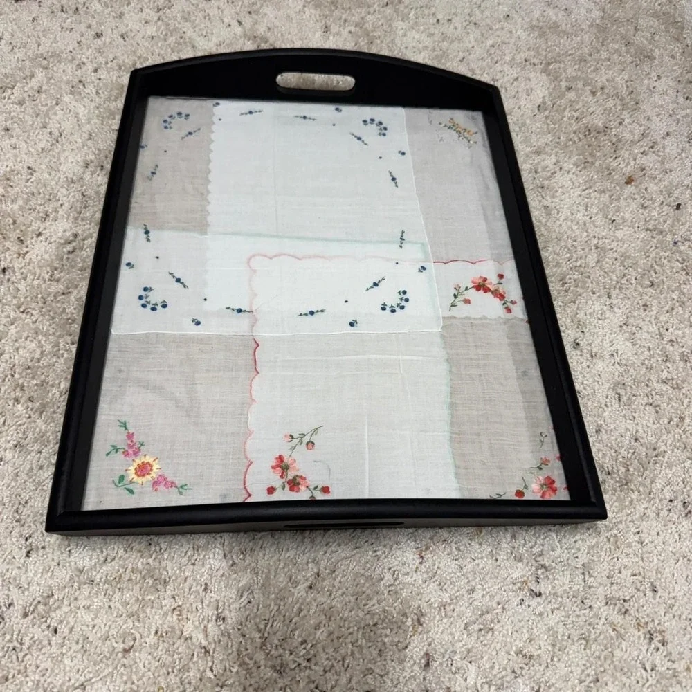 Vintage Embroidered Handkerchief Glass Top Serving Tray Black Wood Grandmacore